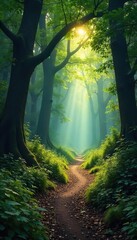 Sunlit Path Through Ancient Forest Mystical Atmosphere, Perfect for Fantasy, Adventure, and Nature Themes