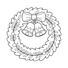 Scalable vector line art illustration of a festive christmas wreath with bells and bow silhouette vector illustration white background