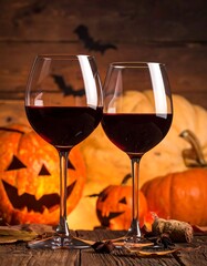 Two wine glasses filled with red wine, Halloween-themed