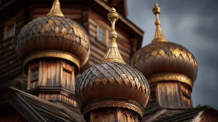 Obraz premium Close up of ornate golden domes on an old wooden russian orthodox church structure