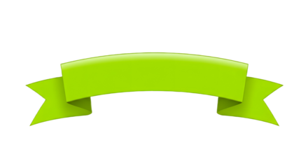 Ribbon banner, curve badge, label, title box, clip art, png isolated on transparent background. A vibrant, lime-green banner with curved shape and two pointed ends, isolated.