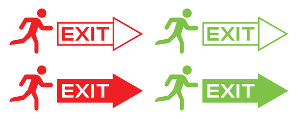 Emergency Exit Icon Set – Running Man and Door Sign Vector Illustration.