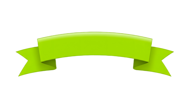 Ribbon banner, curve badge, label, title box, clip art, png isolated on transparent background. A vibrant, lime-green banner with curved shape and two pointed ends, isolated.