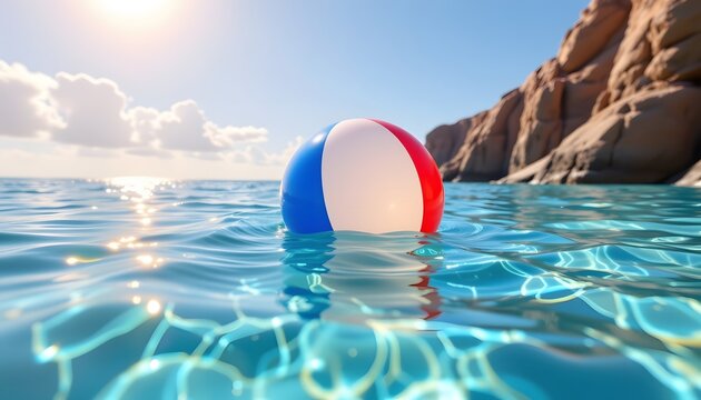 bright beach ball floating in turquoise water, 3d render style