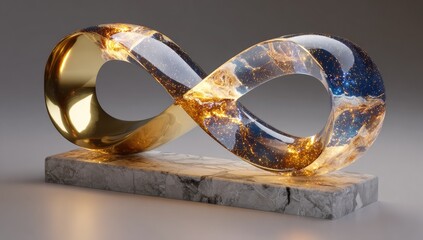 Infinity sculpture gold, glass, stars on marble