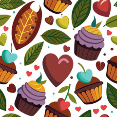 Pattern of chocolate cupcakes, cocoa pods, and hearts.