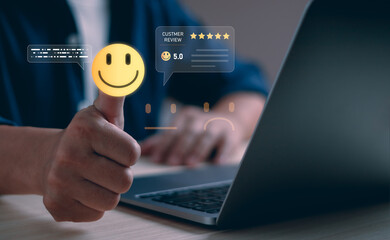 Man showing thumbs up sign with glowing happy face and customer review rating 5 on digital screen. Concept of excellent service, online feedback, customer satisfaction and user experience