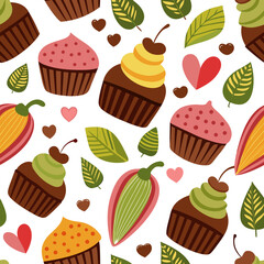 Pattern of chocolate cupcakes, cocoa pods, and hearts.