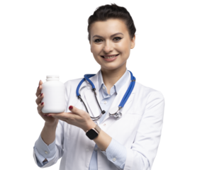 Photo of charming attractive woman qualified specialist therapist wear white doctor robe hand hold pills isolated on transparent background