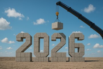 Concrete numbers forming 2026 with crane on construction site.