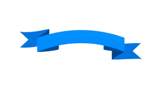 Ribbon banner, curve badge, label, title box, clip art, png isolated on transparent background. A simple, curved, blue ribbon banner with pointed ends, floating on a white background.