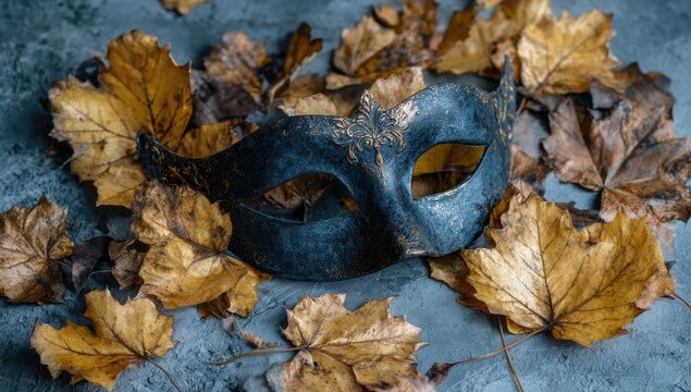 Mask rests among fallen autumn leaves on a textured surface.