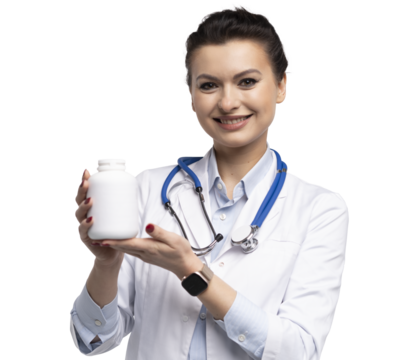 Photo of charming attractive woman qualified specialist therapist wear white doctor robe hand hold pills isolated on transparent background