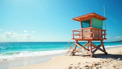 Serene Sunny Beach with Lifeguard Tower Calm Ocean Waves, Safe & Relaxing Vacation Paradise, Ideal for Travel & Safety Brochures