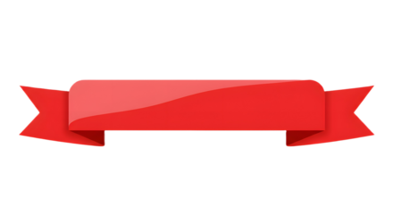 Ribbon banner, curve badge, label, title box, clip art, png isolated on transparent background. A glossy red banner with a reflective surface, perfect for announcements.