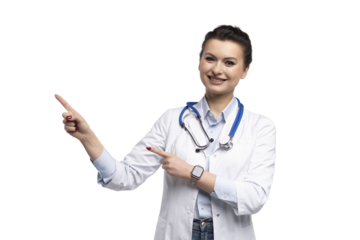 Medical doctor woman presenting and showing copy space for product or text. Caucasian female medical professional isolated on transparent background
