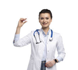 Photo of charming attractive woman qualified specialist therapist wear white doctor robe hand hold pills isolated on transparent background
