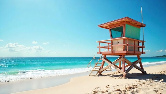 Serene Sunny Beach with Lifeguard Tower Calm Ocean Waves, Safe & Relaxing Vacation Paradise, Ideal for Travel & Safety Brochures - Powered by Adobe