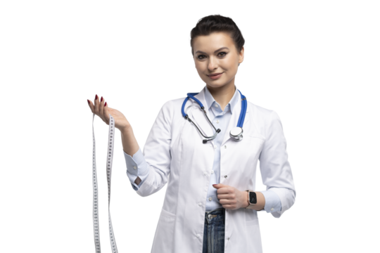 Portrait of female doctor in white uniform with stethoscope holding measuring tape on transparent
