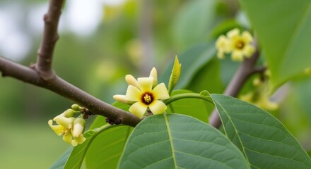 Fototapeta premium Close-up view of a flowering plant branch with pale yellow blooms and vibrant green leaves