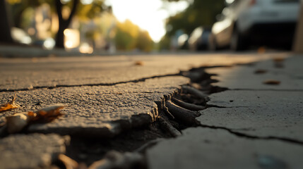Cracked pavement extends into the distance on a sun-drenched street, showcasing aged infrastructure with cars parked along the sides.