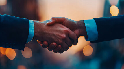 Close-up of professional business handshake between two individuals, symbolizing successful partnership, agreement, and mutual trust against blurred, warmly lit city background at dusk