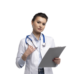 Portrait of friendly woman doctor in uniform holding clipboard, smiling at camera, cheerful female therapist with stethoscope posing on transparent background