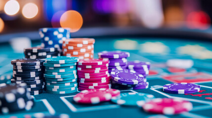Naklejka premium Close-up of numerous colorful poker chips stacked and scattered across vibrant green casino table, hinting at lively game of chance with softly lit background