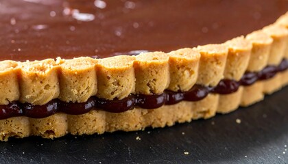 Close-up view of a chocolate tart with a patterned crust