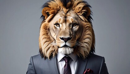 A surreal portrait of a lion's head on a man's body, wearing a business suit against a neutral background