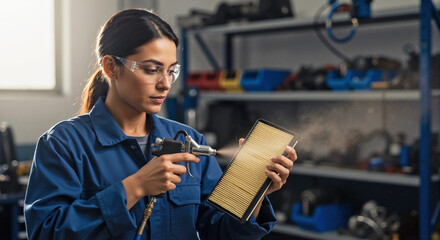 Woman Using Air Compressor  in Workshop Environment for Industrial Blogs, DIY Websites, Home Improvement Projects, and Vocational Training Content