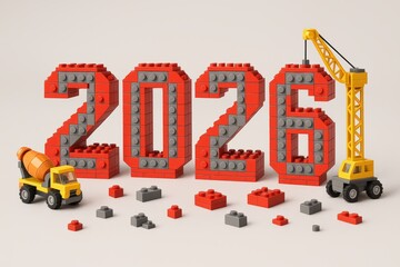 Toy bricks form 2026 with vehicles on light background, concept build