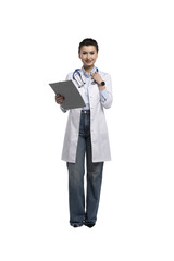 Portrait of friendly woman doctor in uniform holding clipboard, smiling at camera, cheerful female therapist with stethoscope posing on transparent background