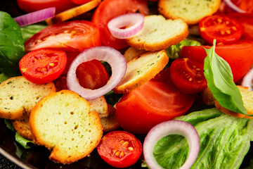 Panzanella salad tomato, croutons, onions vegetables dish natural product tasty snack fresh delicious gourmet food background on the table rustic top view copy space