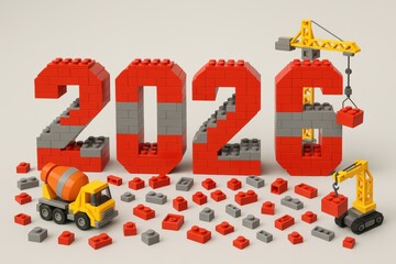 Red and gray toy bricks form 2026 with cranes, on light background
