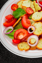 Panzanella salad tomato, croutons, onions vegetables dish natural product tasty snack fresh delicious gourmet food background on the table rustic top view copy space