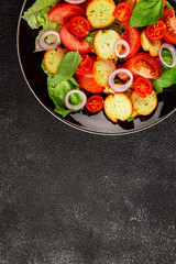 Panzanella salad tomato, croutons, onions vegetables dish natural product tasty snack fresh delicious gourmet food background on the table rustic top view copy space