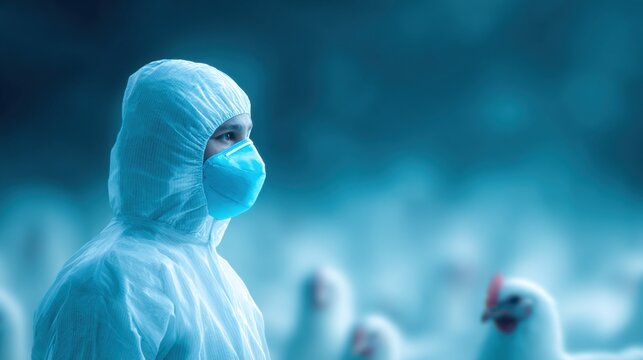 An eye-level shot of a researcher in protective gear, amidst poultry. The researcher, clad in a hazmat suit and mask, surveys poultry. Capturing both the precautions and the essence of investigation.
