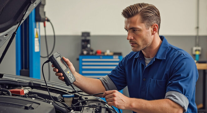 Mechanic Diagnosing Car Issues with Diagnostic Tool in Auto Repair Shop for Automotive Blogs, Mechanic Websites, Car Maintenance Articles, and DIY Guides