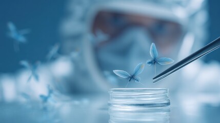 An artistic medical scene shows a scientist delicately handling tiny butterflies with forceps, embodying the intricate essence of scientific research.