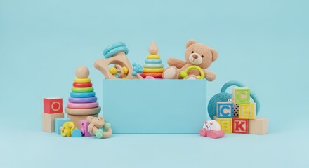 Obraz premium Colorful toys and blocks arranged on a light blue background