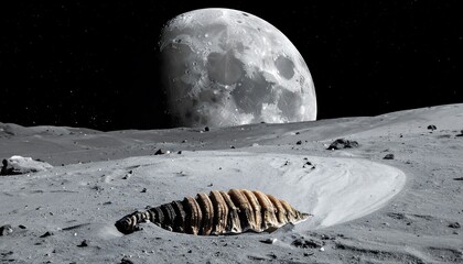 A surreal scene depicting a lunar landscape with a colossal moon in the background, casting a pale light. A peculiar, shell-like form rests on the dusty surface
