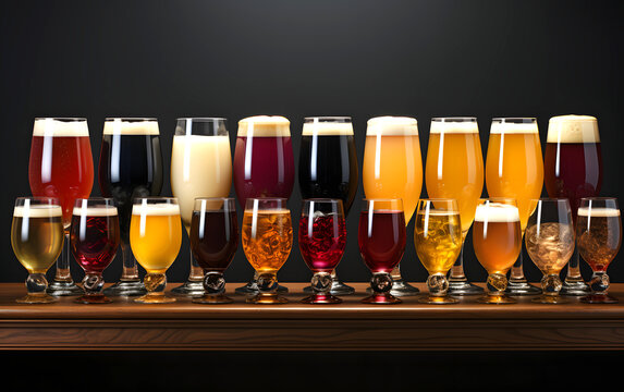 Exploring a variety of craft beers arranged on a wooden flight board at a brewery during an evening gathering - Powered by Adobe