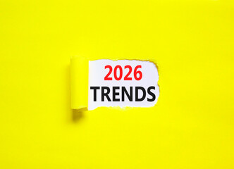 2026 Trends new year symbol. Concept words 2026 Trends on beautiful white paper. Beautiful yellow paper background. Business and 2026 Trends new year concept. Copy space.