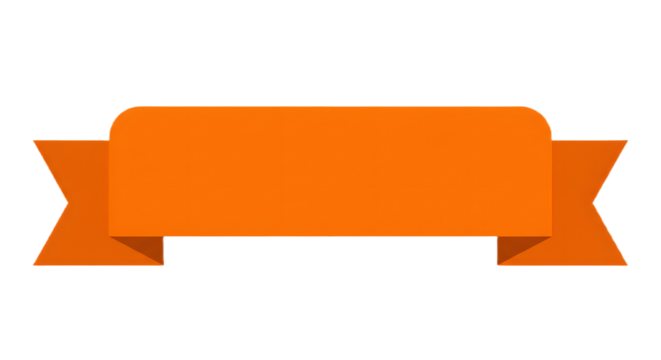 Ribbon banner, curve badge, label, title box, clip art, png isolated on transparent background. Orange banner with folded ends, centered on a white background, for text or graphic overlay.