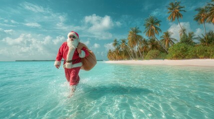 Santa's Seaside Holiday: Santa Claus strolls joyfully through the clear, turquoise water of a tropical beach, a bag of gifts slung over his shoulder.