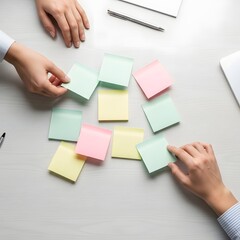 Obraz premium Collaborative Brainstorming with Sticky Notes and Hands on Desk