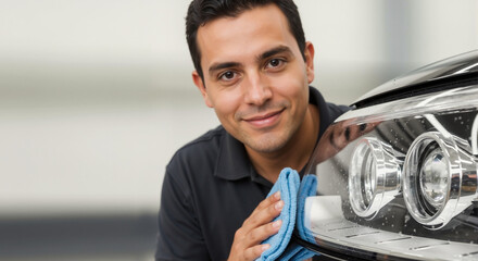 Hispanic Man Polishing Modern Car with a Clean Cloth in Automotive Workshop for Car Care Blogs, Automotive Service Websites, and Cleaning Tips Articles