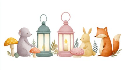 A charming illustration showcases an adorable gathering of forest creatures, including a fox, bunny, and bear, accompanied by quaint lanterns and mushrooms, creating a warm and inviting atmosphere.