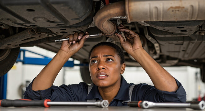 Female African American Mechanic Working Underneath a Vehicle in an Auto Shop for Automotive Blogs, Workshops, Repair Guides, and Professional Trade Content